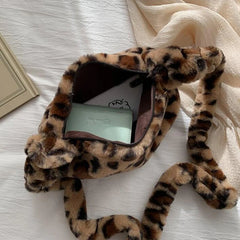 Leopard Print Crossbody Bag Women Plush Soft Casual Shoulder Messenger Bag