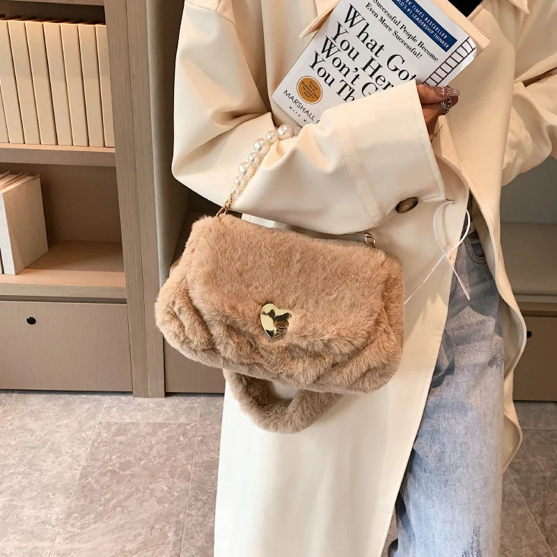 Fluffy Women Shoulder Bag with Pearls Chain