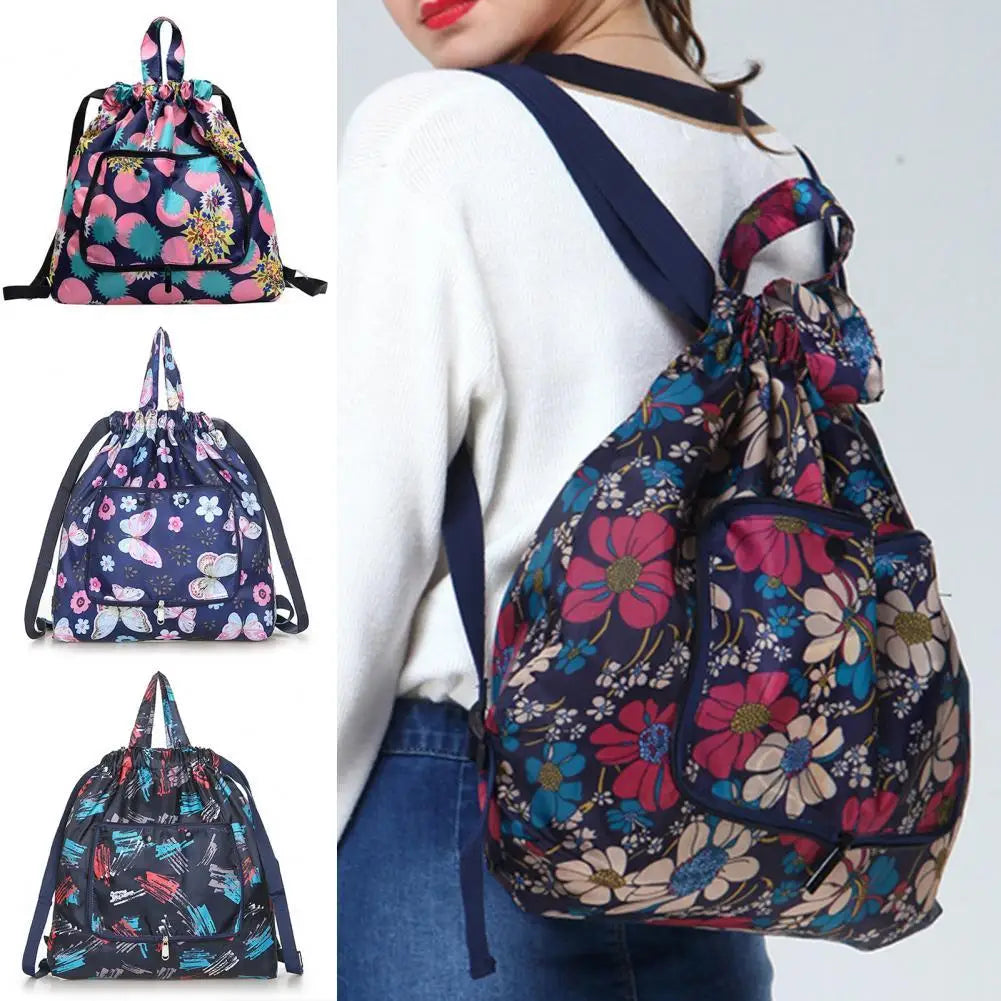 Flower Print Nylon Drawstring Backpack Handbag for Shopping