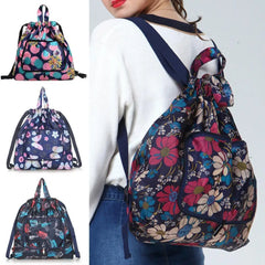 Flower Print Nylon Drawstring Backpack Handbag for Shopping