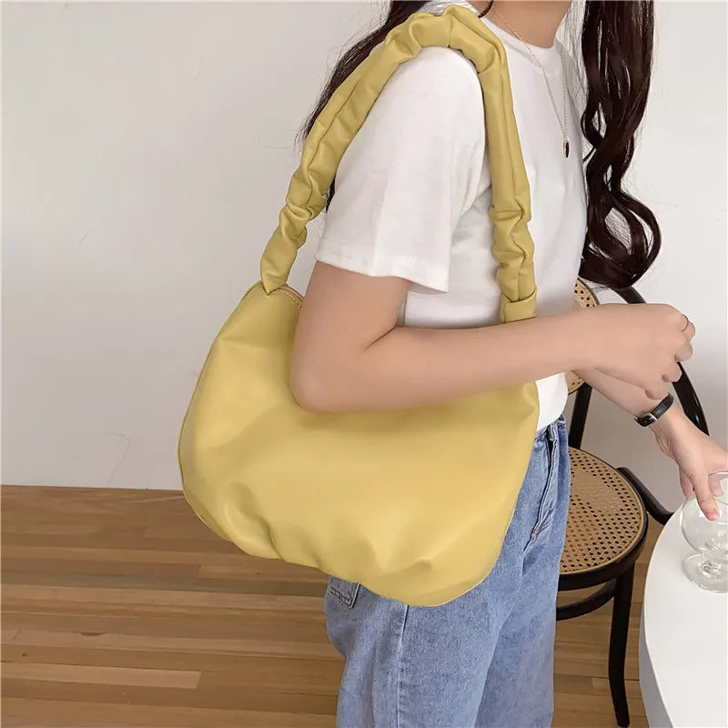 Women Shoulder Bag Soft PU Leather Half Moon Bag Yellow Tote