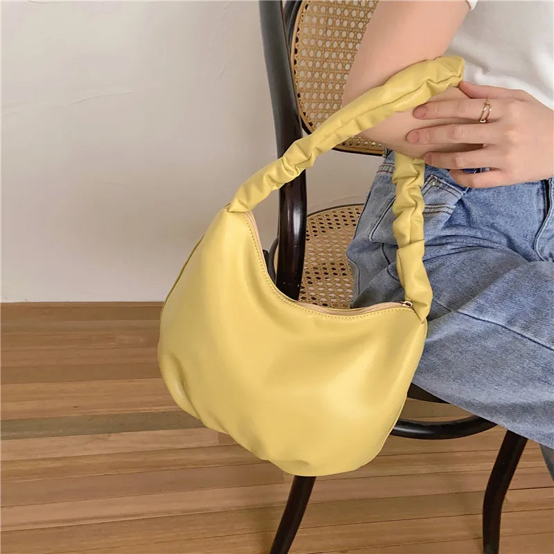 Women Shoulder Bag Soft PU Leather Half Moon Bag Yellow Tote