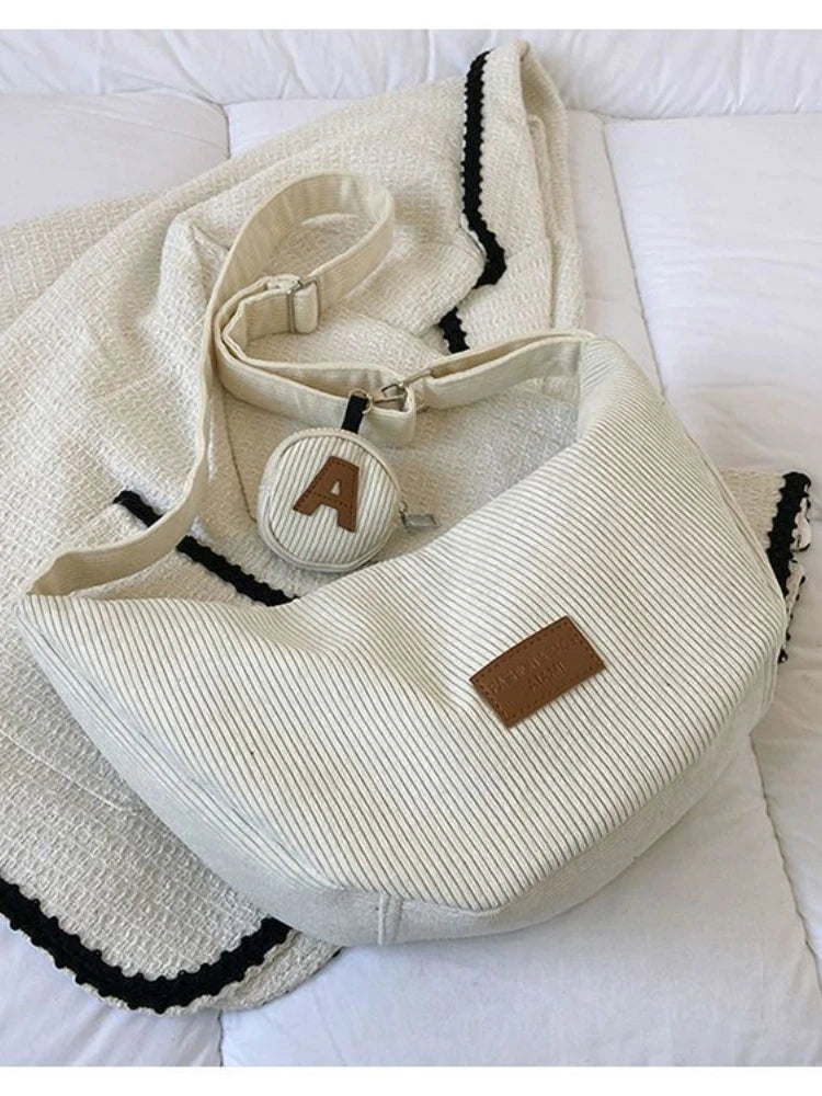 Foufurieux Corduroy Shoulder Bag Women Tote Large Capacity Zipper Handbag