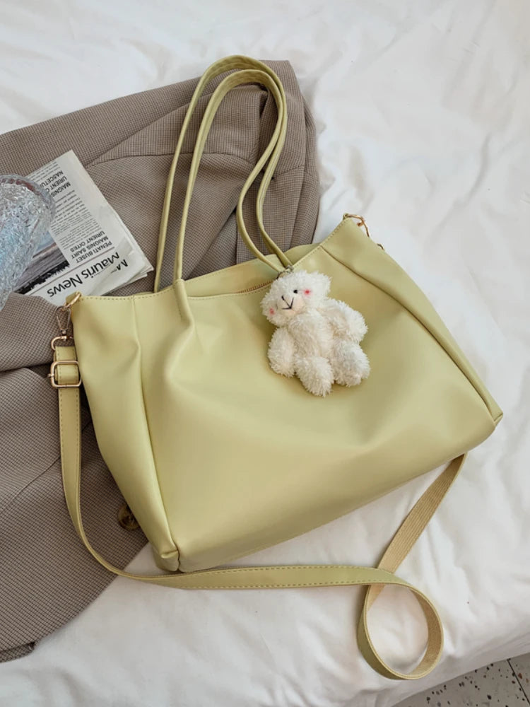 Foufurieux Women Bear Decoration Shoulder Bag Leather Big Capacity Shopper Bag