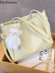 Foufurieux Women Bear Decoration Shoulder Bag Leather Big Capacity Shopper Bag