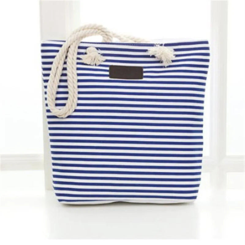 Striped Canvas Beach Tote Bag High Women Girls Shoulder Handbag