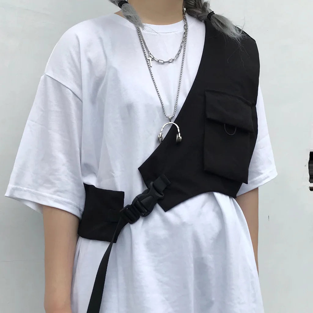 Functional Ribbons Chest Bags Hip Hop Streetwear Men Waist Bags