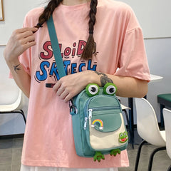 Funny Cartoon Frog Ladies Tote Bag with Earphone Hole