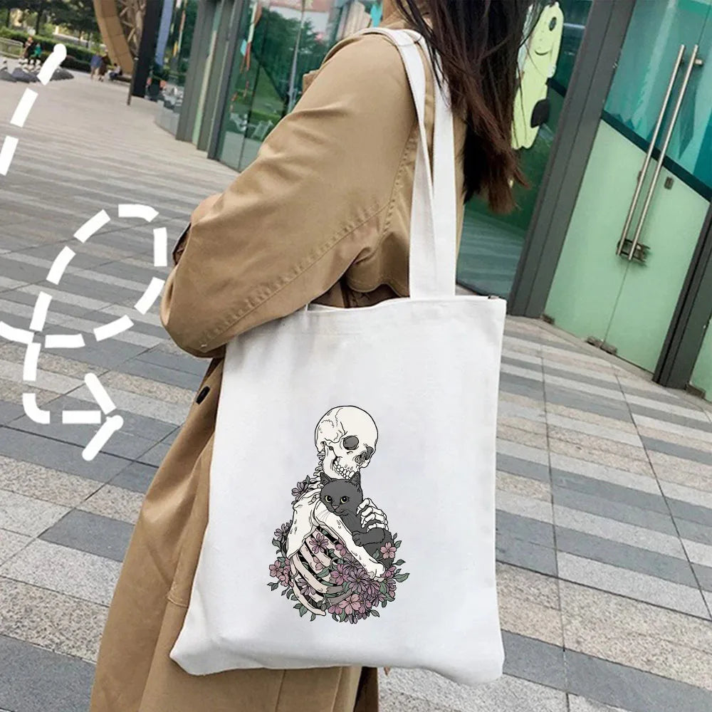 Skeleton Skull Cat Roses Women Canvas Shoulder Bags Harajuku Handbags Totes