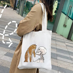 Skeleton Skull Cat Roses Women Canvas Shoulder Bags Harajuku Handbags Totes