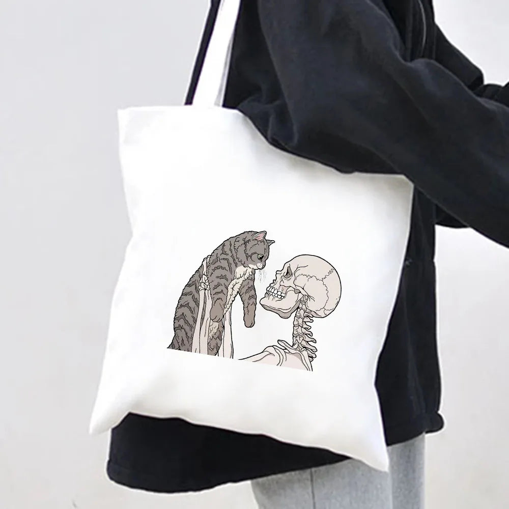 Skeleton Skull Cat Roses Women Canvas Shoulder Bags Harajuku Handbags Totes