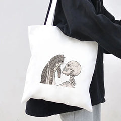 Skeleton Skull Cat Roses Women Canvas Shoulder Bags Harajuku Handbags Totes