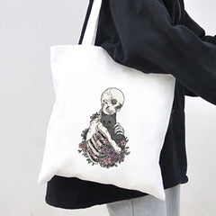 Skeleton Skull Cat Roses Women Canvas Shoulder Bags Harajuku Handbags Totes