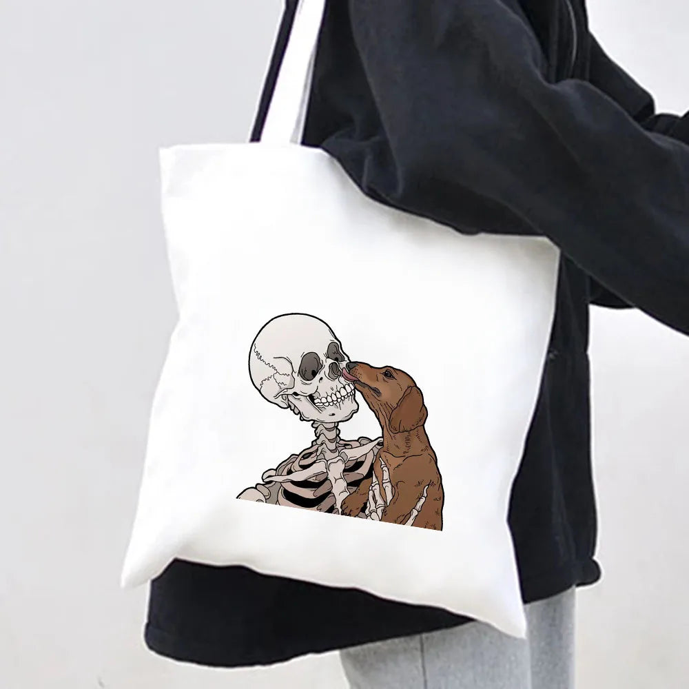 Skeleton Skull Cat Roses Women Canvas Shoulder Bags Harajuku Handbags Totes
