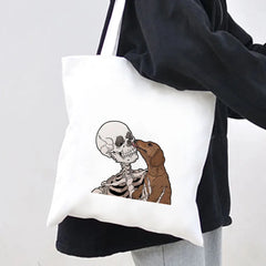 Skeleton Skull Cat Roses Women Canvas Shoulder Bags Harajuku Handbags Totes