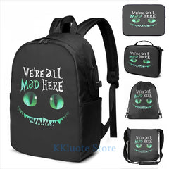 Cheshire Alice Cat Mad Here USB Charge Backpack School Travel bag