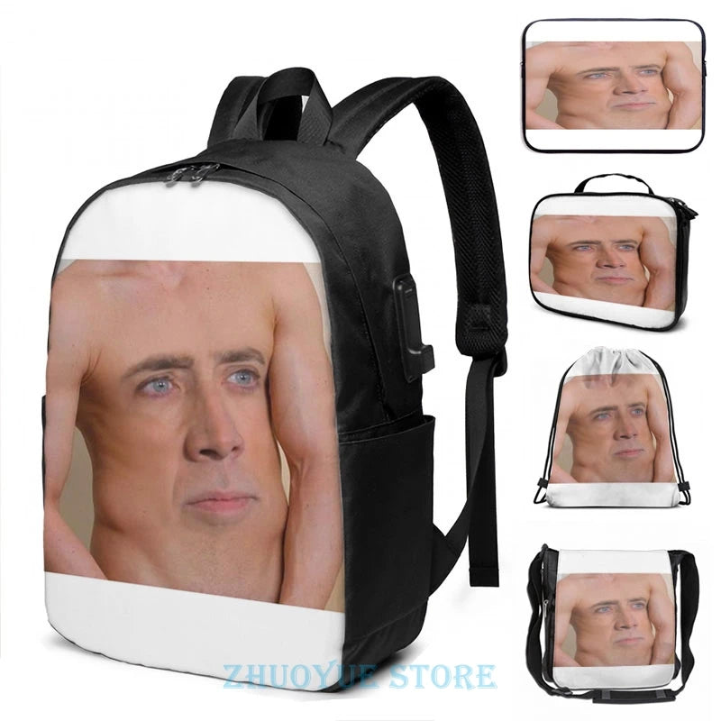 Nicolas Cage Graphic Print USB Charge Backpack - Ribcage Design