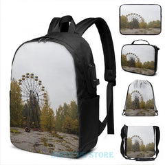 Funny Graphic Print Pripyat Chernobyl Ferris Wheel USB Charge Backpack