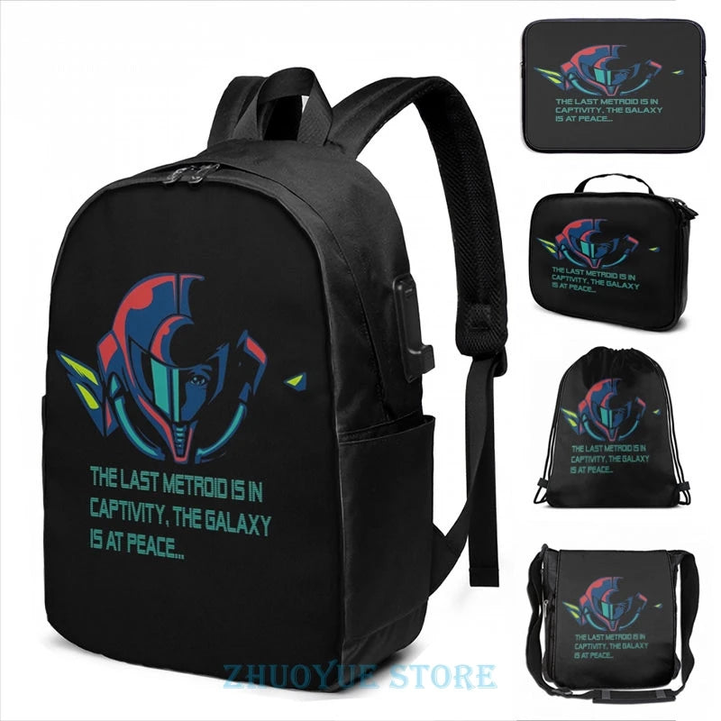 Metroid Debriefing USB Charge Backpack School Travel Laptop Bag