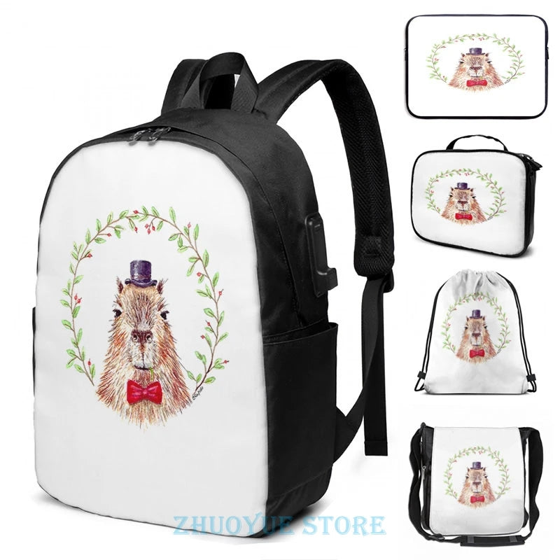 Funny Capybara USB Charge Backpack School Travel Laptop Bag