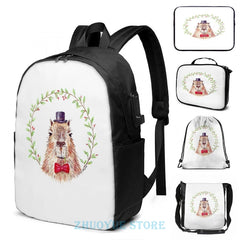 Funny Capybara USB Charge Backpack School Travel Laptop Bag