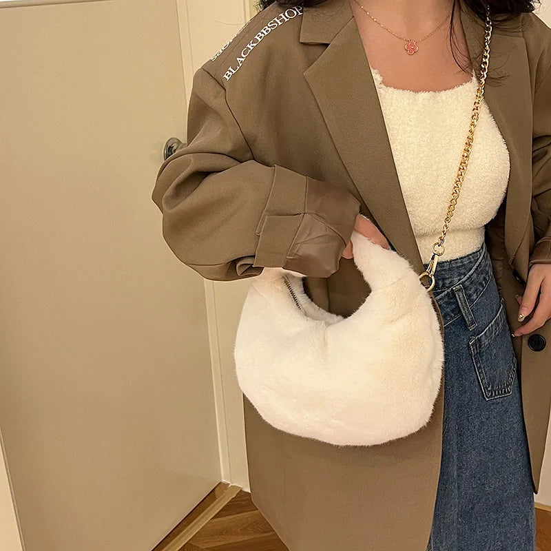 Furry Faux Fur Bow Handle Hobos Clutch Bags