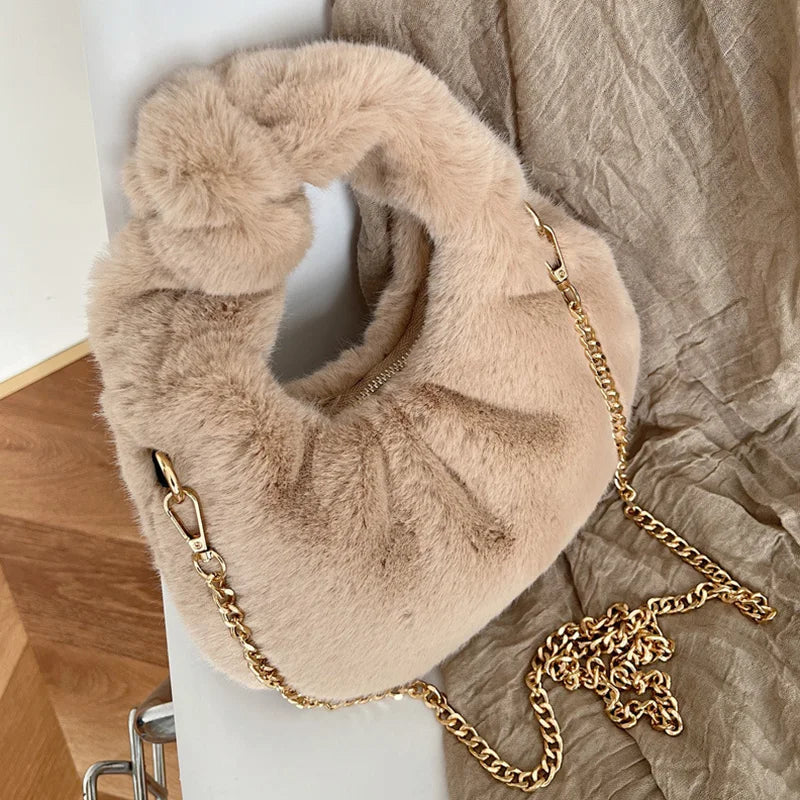Furry Faux Fur Bow Handle Hobos Clutch Bags