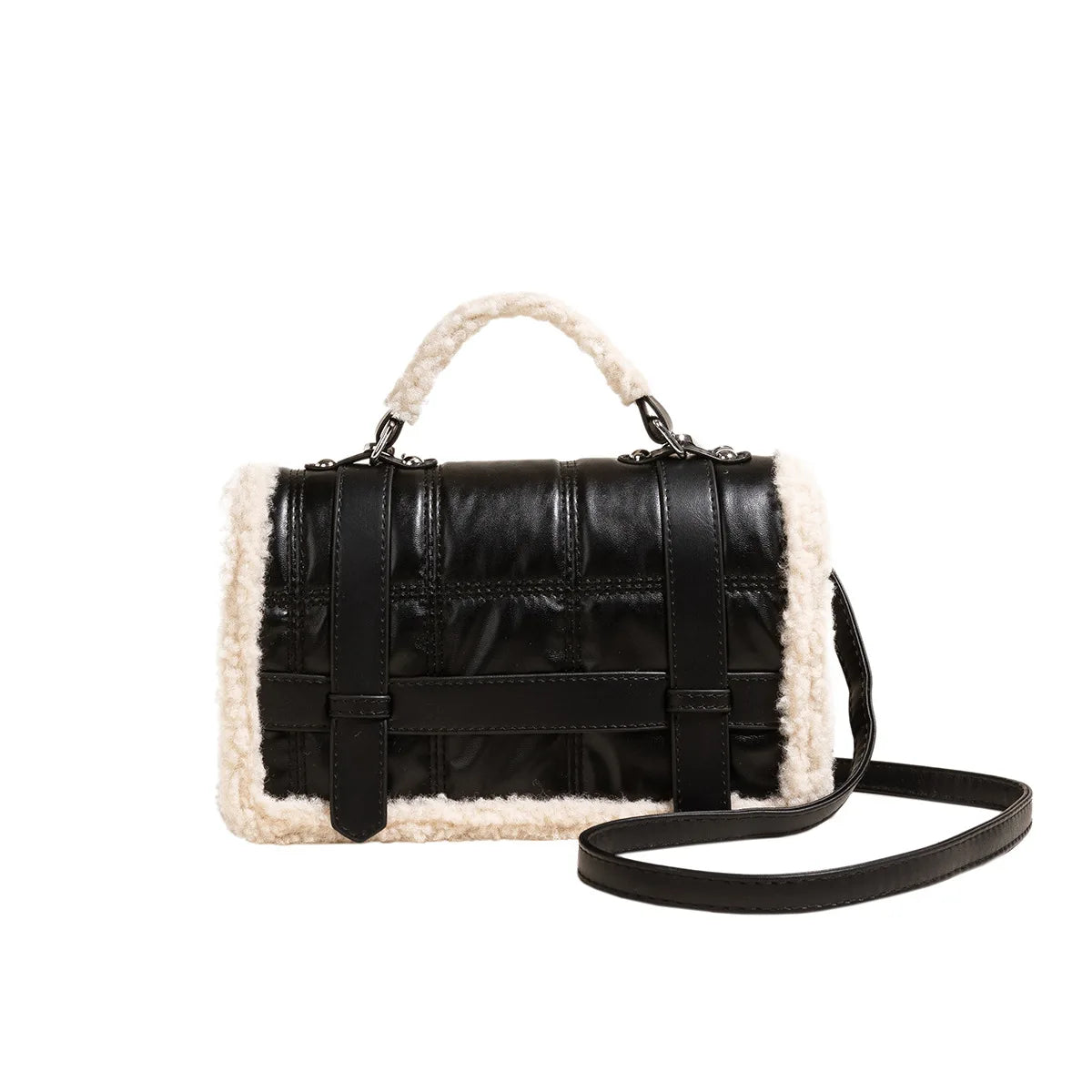 Faux Fur Panelled Flap Shoulder Purse Soft Plush Handbag Women Hand Bags