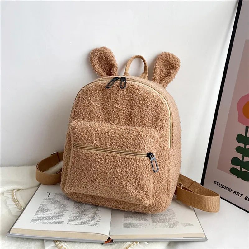 Fuzzy Rabbit Backpack Fluffy Plush School Bag With Bunny Ears Zipper-Open