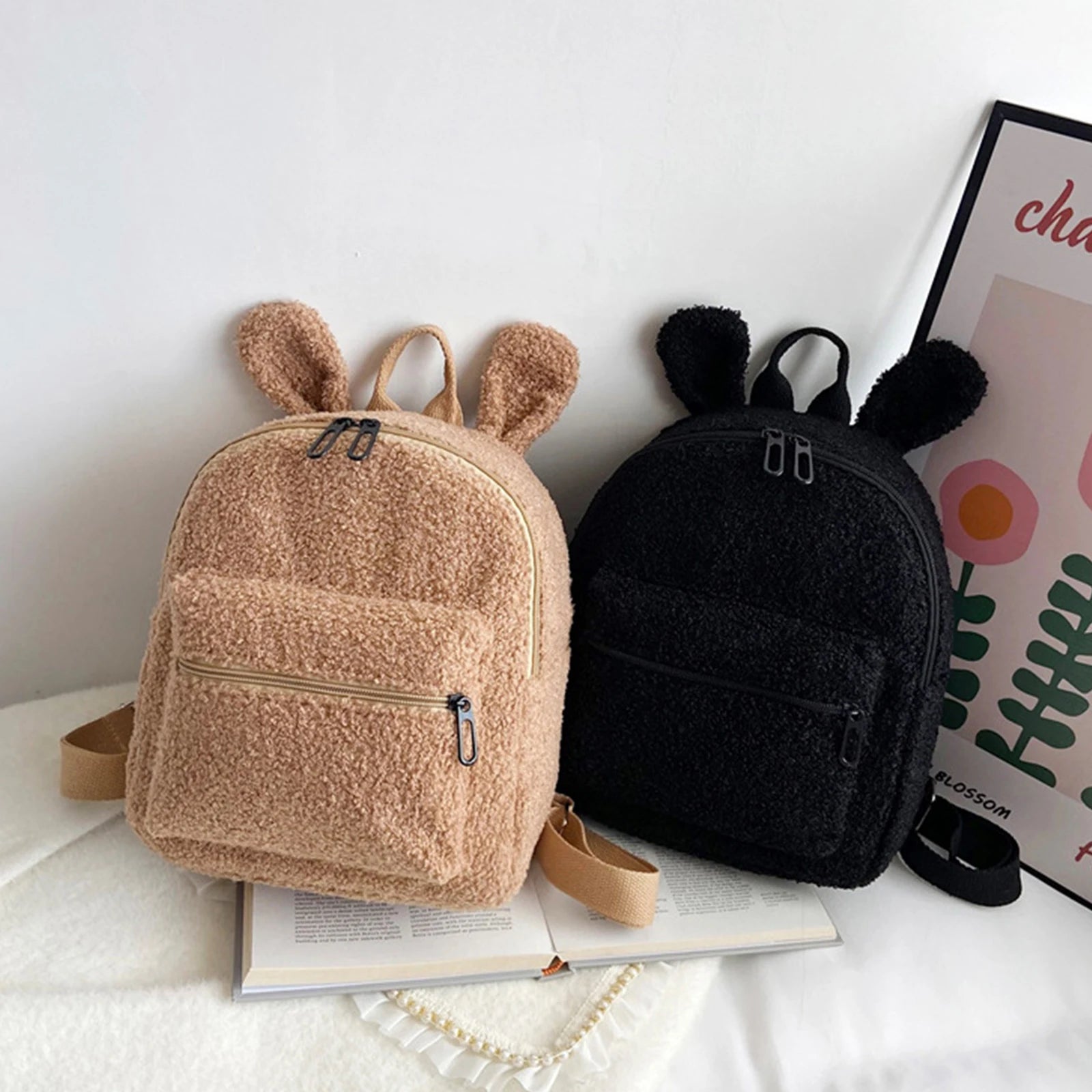 Fuzzy Rabbit Backpack Plush School Bag with Bunny Ears Zipper