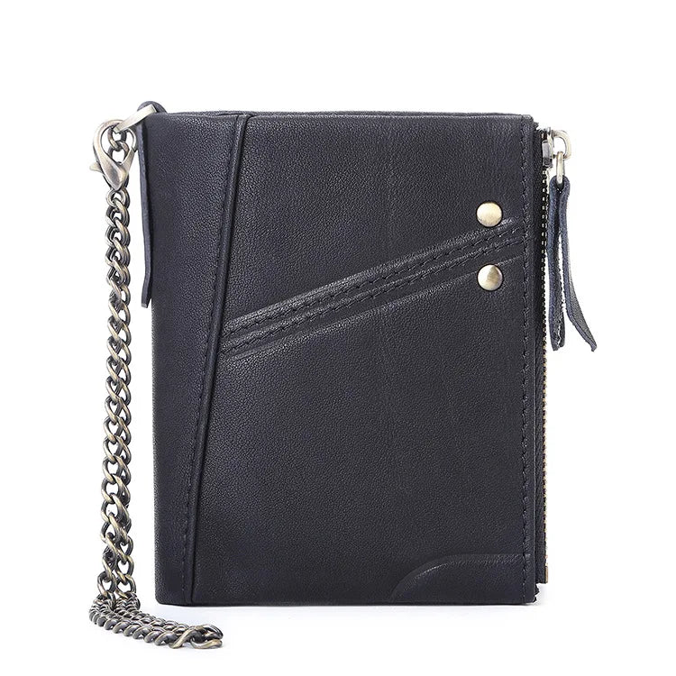 Double Zipper Men Wallet RFID Short Hasp with Chain