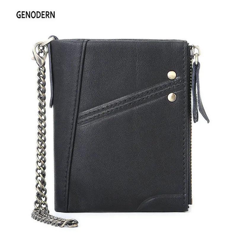 Double Zipper Men Wallet RFID Short Hasp with Chain