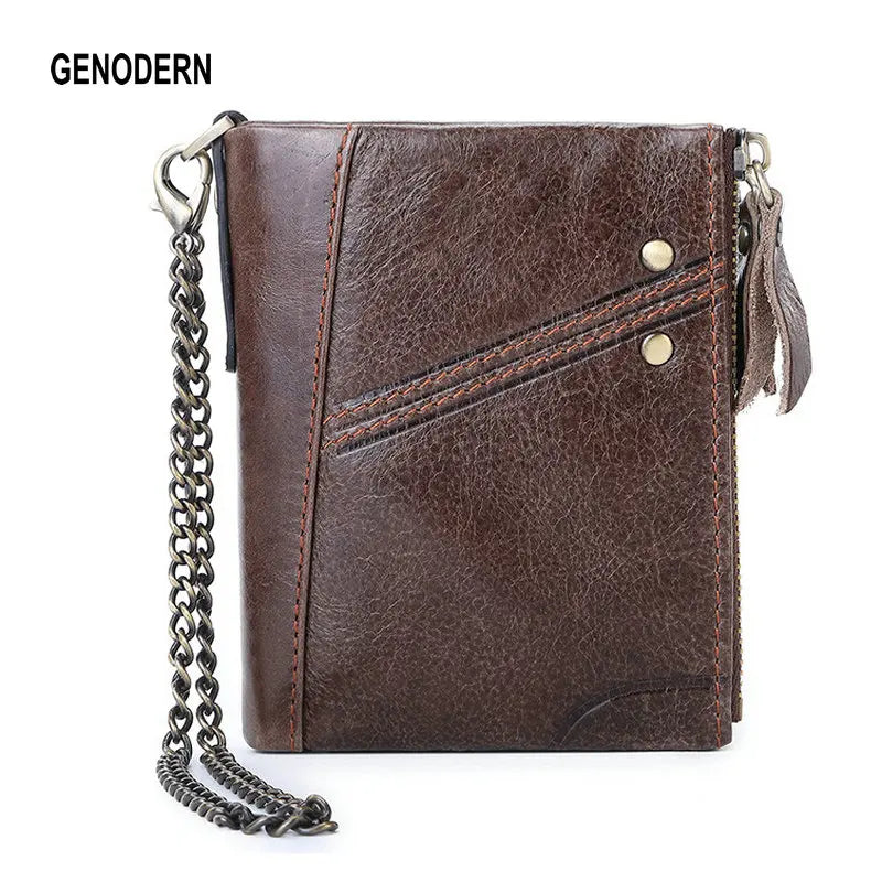 Double Zipper Men Wallet RFID Short Hasp with Chain