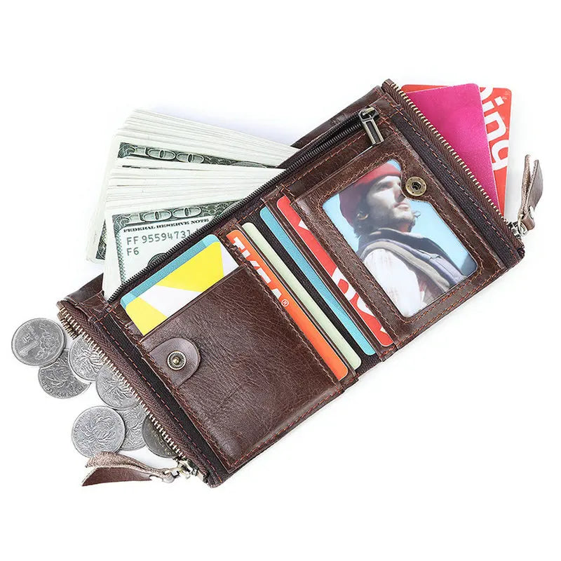 Double Zipper Men Wallet RFID Short Hasp with Chain