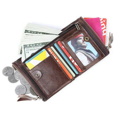 Double Zipper Men Wallet RFID Short Hasp with Chain