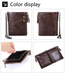 Double Zipper Men Wallet RFID Short Hasp with Chain