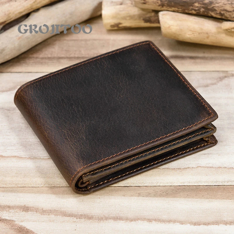 Crazy Horse Leather Man Wallet Short Purse Zipper Change Bag 2 Fold