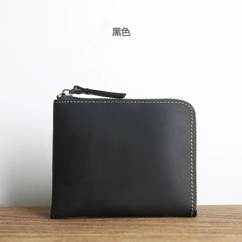 Leather Short Wallet Crazy Horse Zipper Money Clip