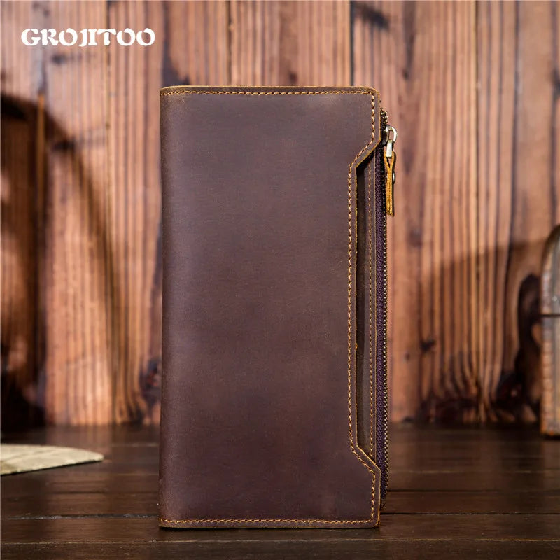 Men's Crazy Horse Leather Long Wallet Large Capacity Clutch Bag