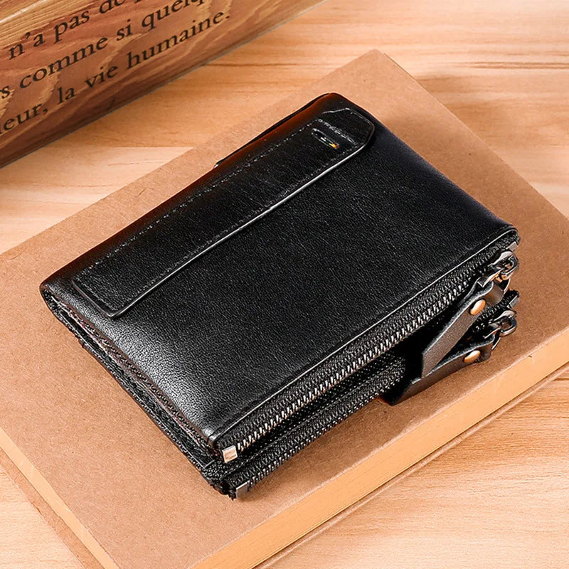 RFID Leather Wallet for Men Double Zipper Vertical Pocket