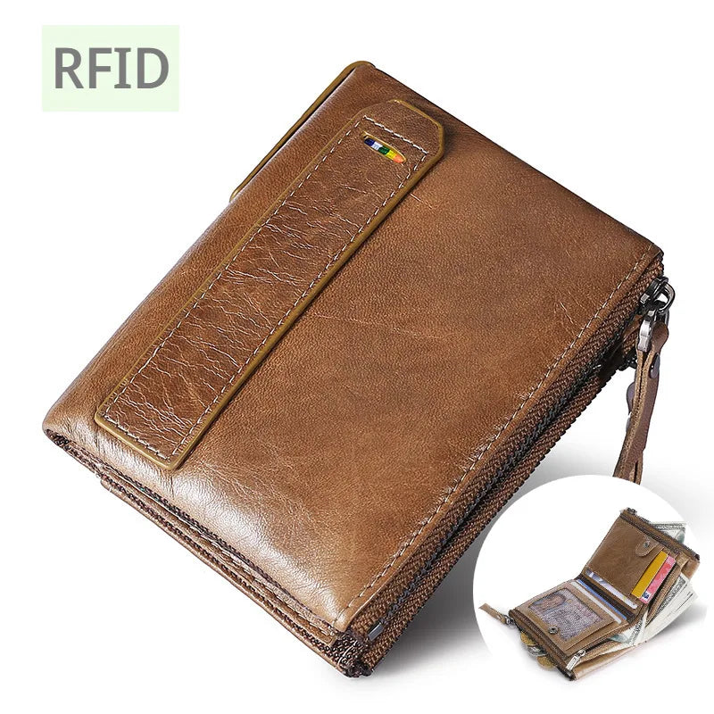 RFID Leather Wallet for Men Double Zipper Vertical Pocket