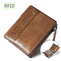 RFID Leather Wallet for Men Double Zipper Vertical Pocket