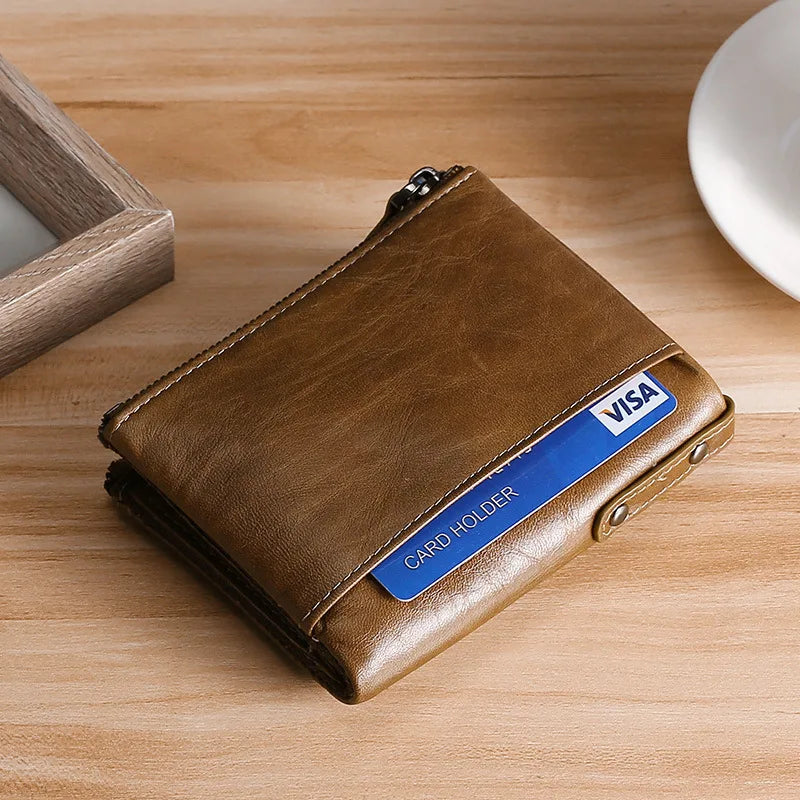 RFID Leather Wallet for Men Double Zipper Vertical Pocket