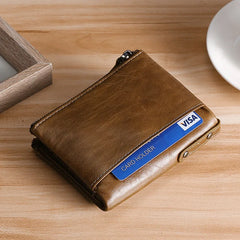 RFID Leather Wallet for Men Double Zipper Vertical Pocket