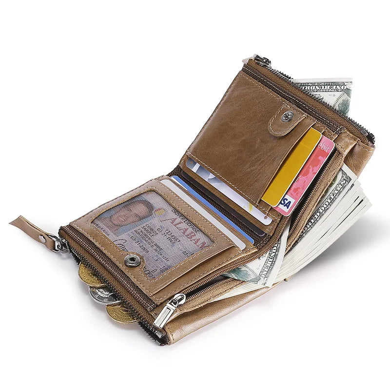 RFID Leather Wallet for Men Double Zipper Vertical Pocket