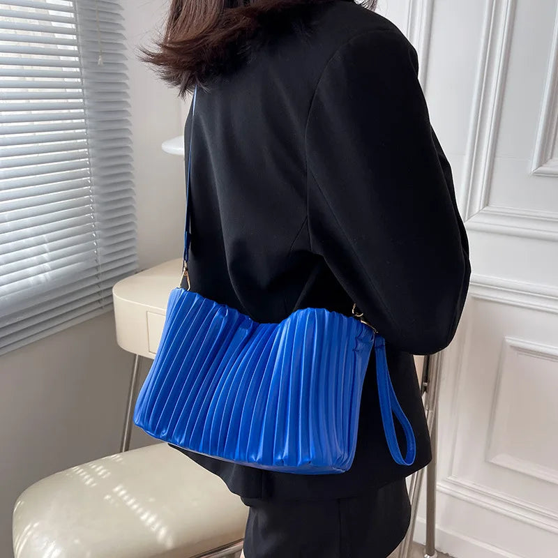 PU Leather Pleated Shoulder Bag Women Large Capacity Handbags