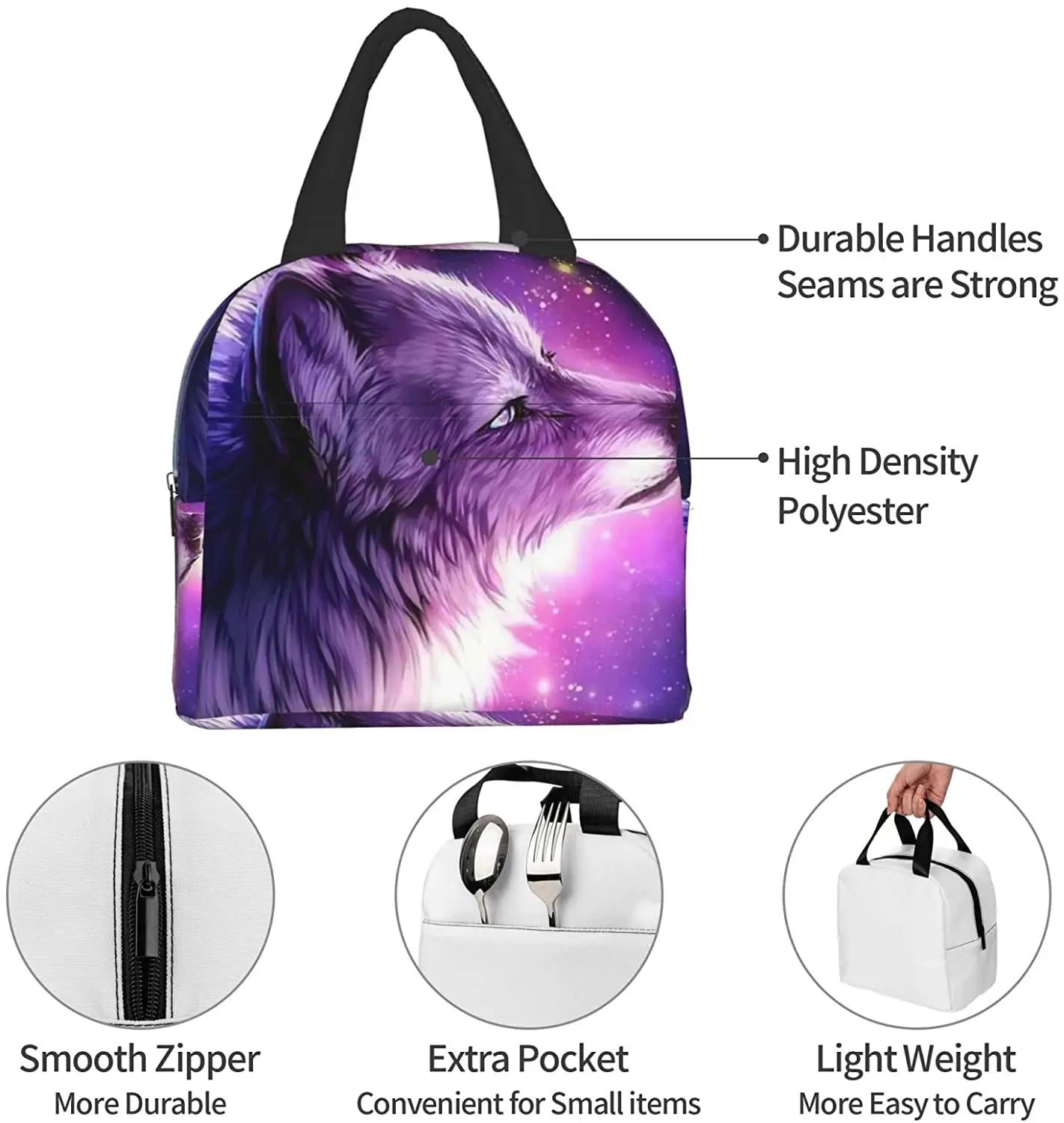 Space Wolf Lunch Box Travel Bag Insulated Cooler Lunch Bags Girls Boy Picnic Tot