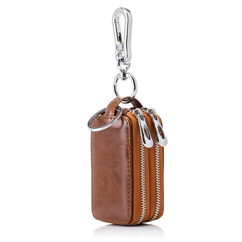 Cow Leather Home Car Keys' Bag Double Pocket Zipper Mini Wallet