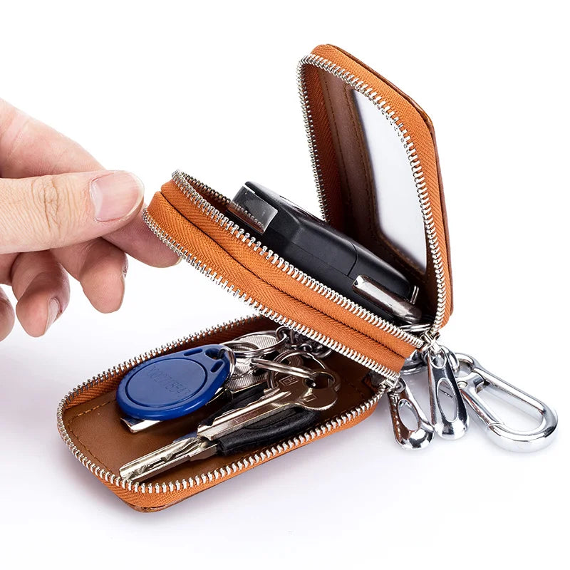 Cow Leather Home Car Keys' Bag Double Pocket Zipper Mini Wallet
