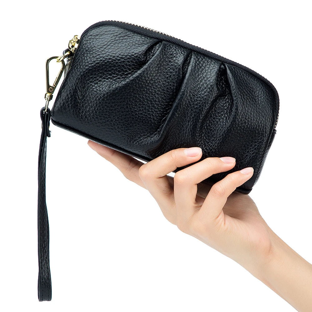 Leather Bag Women Makeup Case Long Wallet Double Zipper Purse